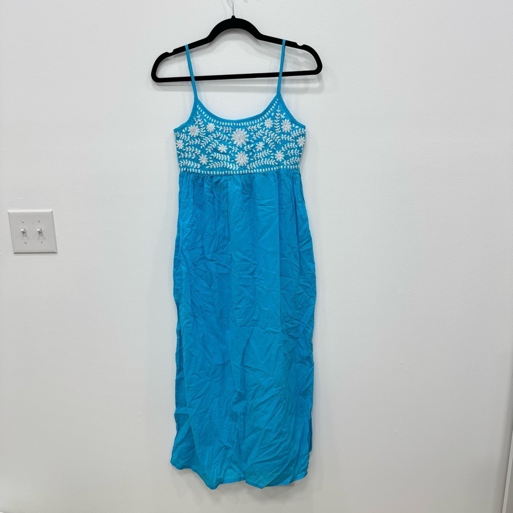Madison Matthews Long Coverup Maxi Dress Sz XS aqua blue white embroidery